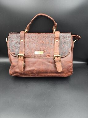 Embroidered Floral Brown Leather Satchel with Top Handle